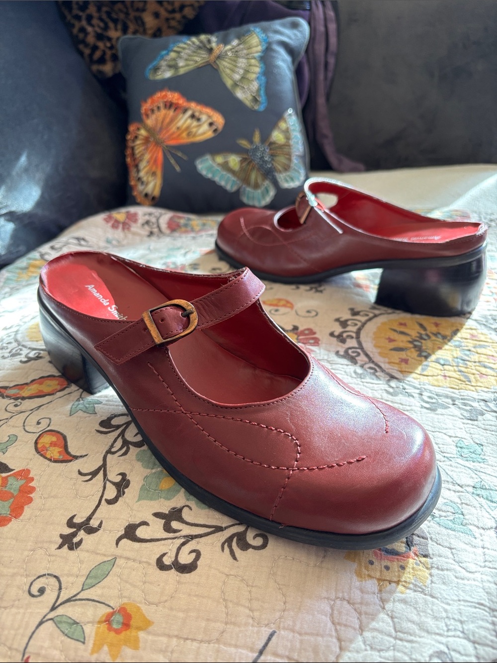 Preppy Quiet Luxury Maryjane Mule Chunky Heel Clog Red Leather Shoes Y2K Size 10